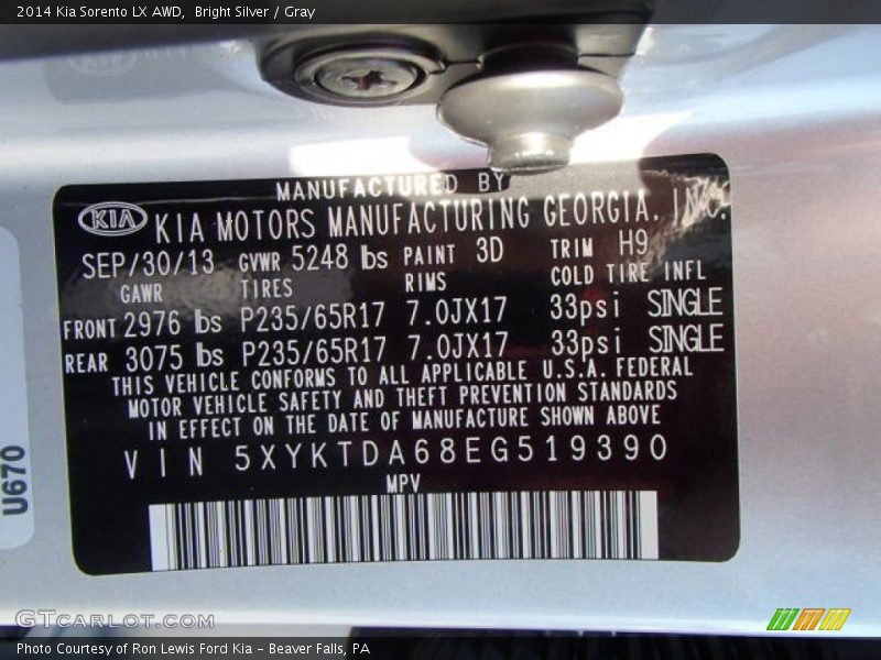 2014 Sorento LX AWD Bright Silver Color Code 3D