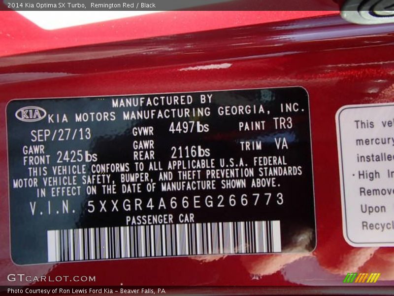2014 Optima SX Turbo Remington Red Color Code TR3
