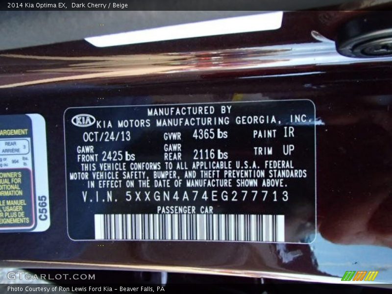2014 Optima EX Dark Cherry Color Code IR