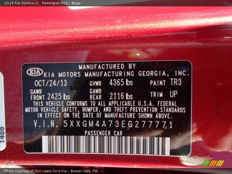 2014 Optima LX Remington Red Color Code TR3