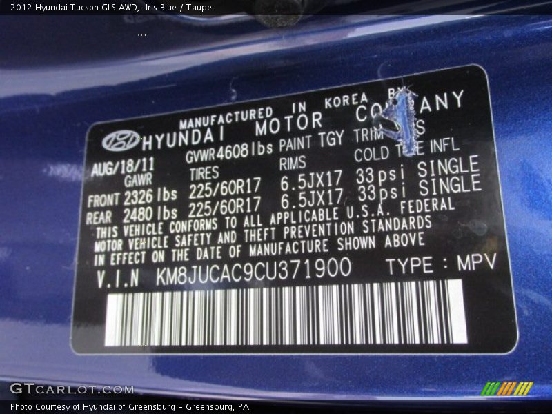 Iris Blue / Taupe 2012 Hyundai Tucson GLS AWD
