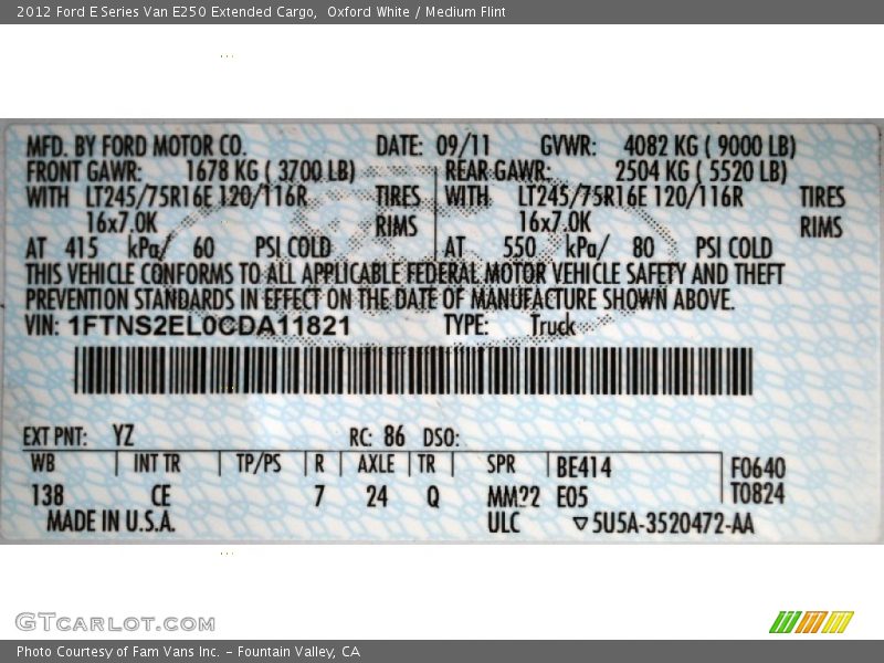 Oxford White / Medium Flint 2012 Ford E Series Van E250 Extended Cargo