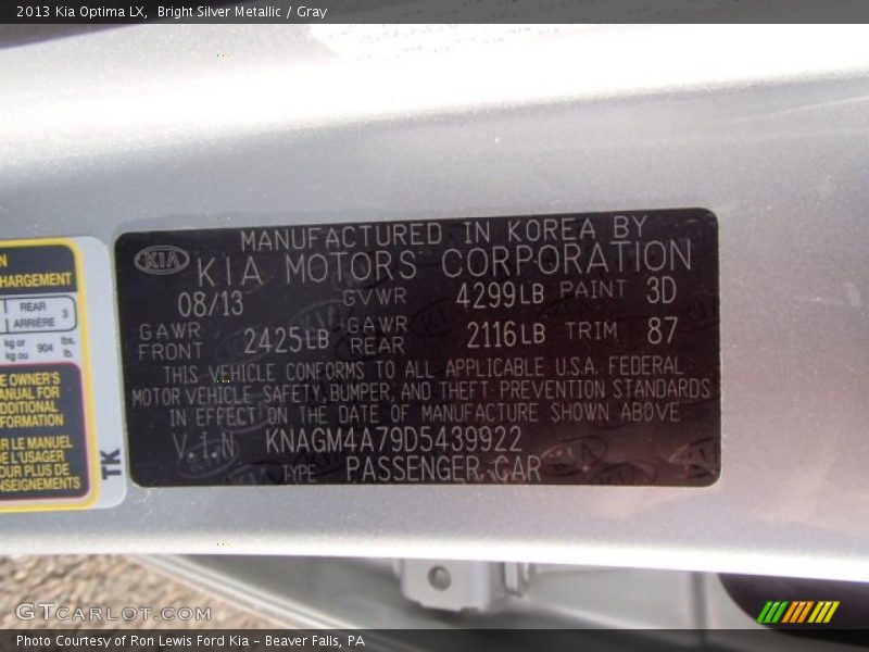 Bright Silver Metallic / Gray 2013 Kia Optima LX