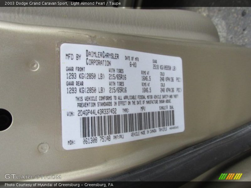 Light Almond Pearl / Taupe 2003 Dodge Grand Caravan Sport