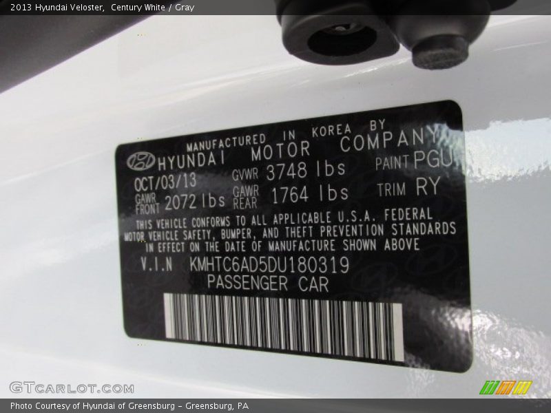 Century White / Gray 2013 Hyundai Veloster