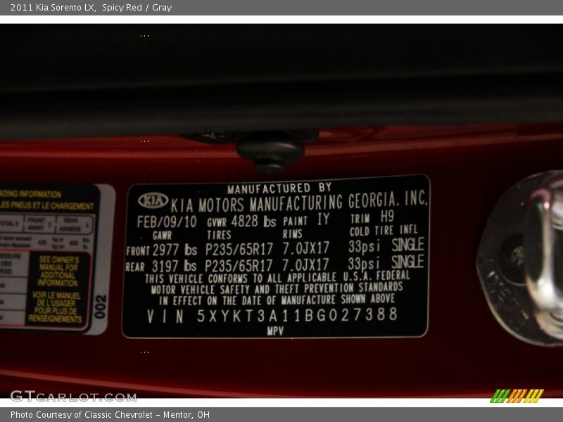 Spicy Red / Gray 2011 Kia Sorento LX