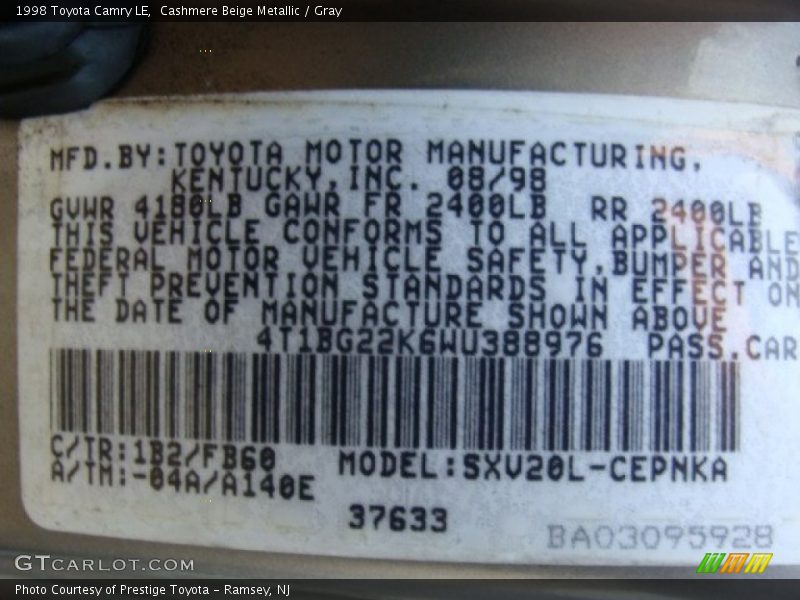 Cashmere Beige Metallic / Gray 1998 Toyota Camry LE