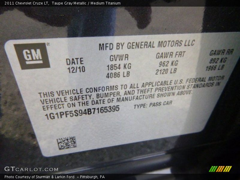Taupe Gray Metallic / Medium Titanium 2011 Chevrolet Cruze LT