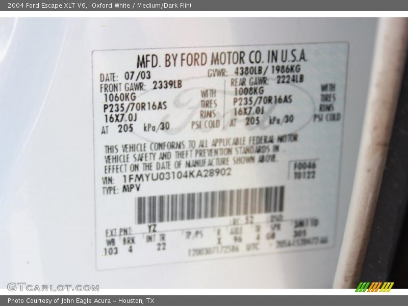 Oxford White / Medium/Dark Flint 2004 Ford Escape XLT V6
