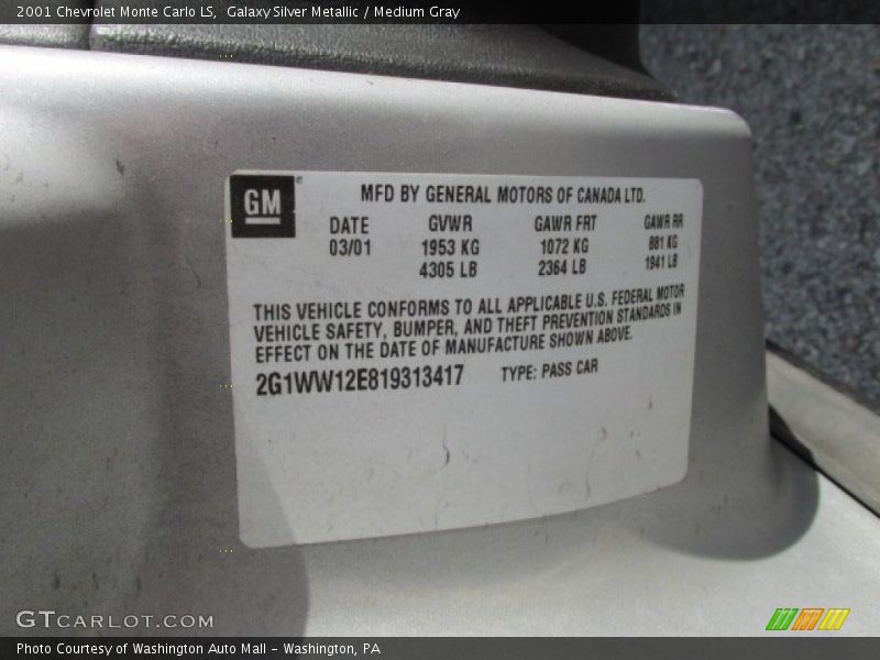 Galaxy Silver Metallic / Medium Gray 2001 Chevrolet Monte Carlo LS