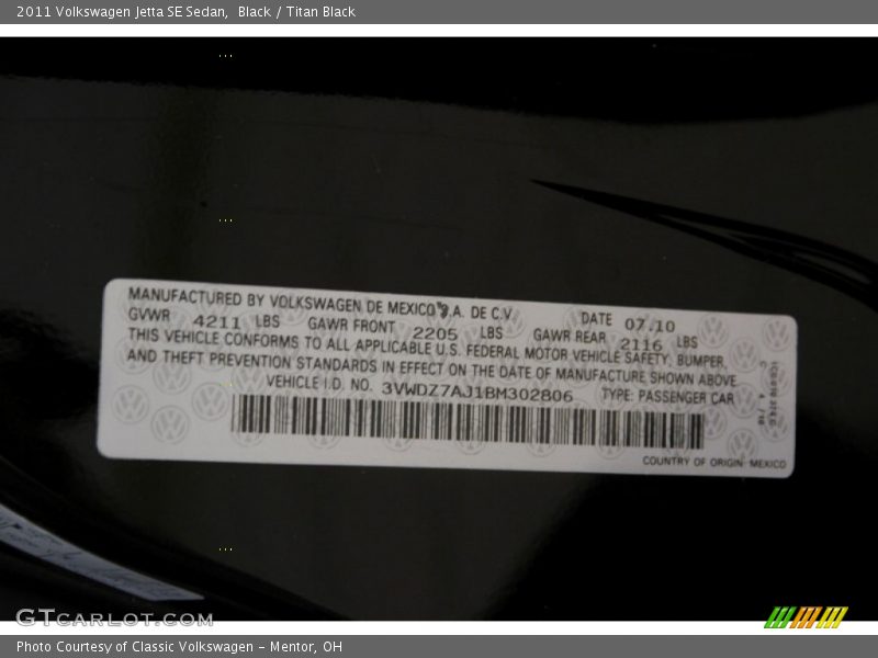 Black / Titan Black 2011 Volkswagen Jetta SE Sedan