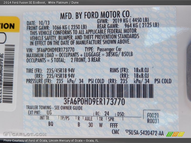 White Platinum / Dune 2014 Ford Fusion SE EcoBoost