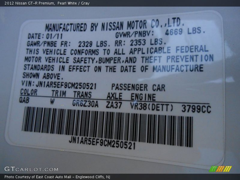 2012 GT-R Premium Pearl White Color Code QAB
