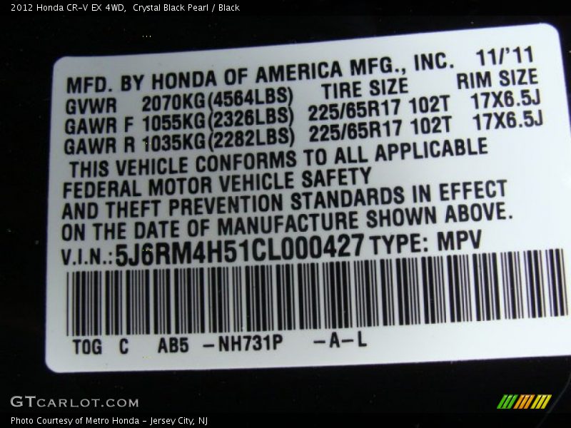 Crystal Black Pearl / Black 2012 Honda CR-V EX 4WD