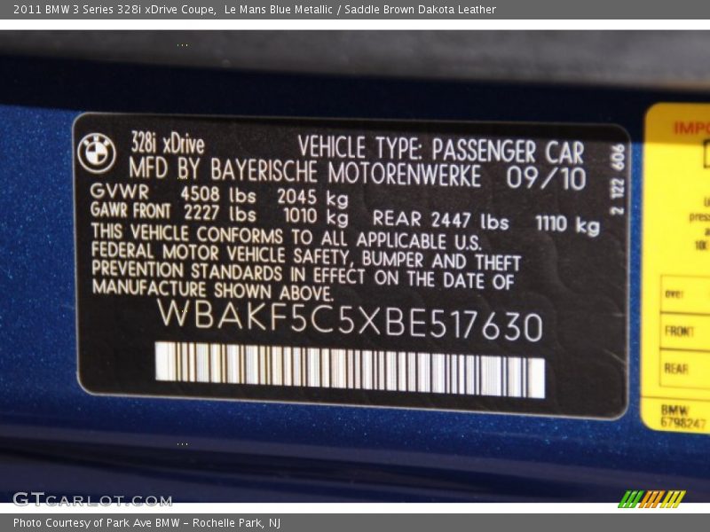 Le Mans Blue Metallic / Saddle Brown Dakota Leather 2011 BMW 3 Series 328i xDrive Coupe