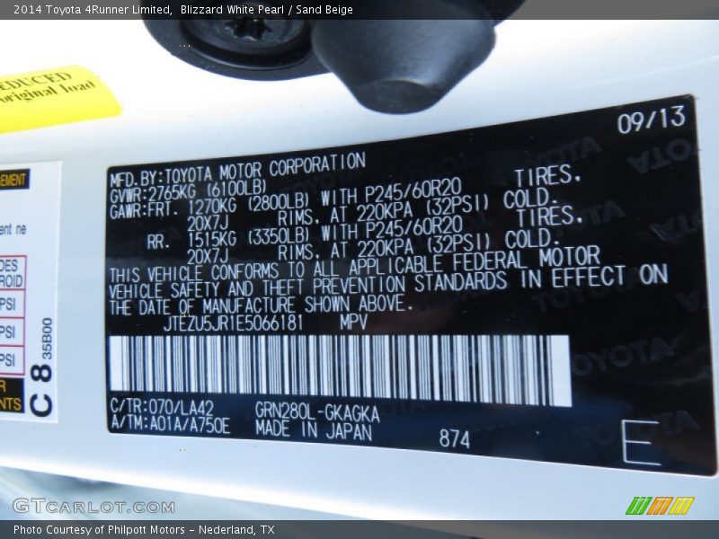 2014 4Runner Limited Blizzard White Pearl Color Code 070