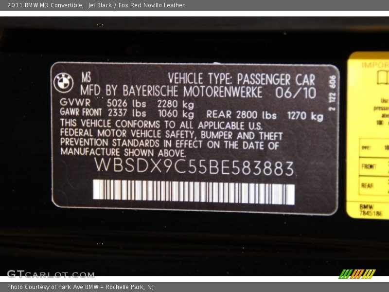Jet Black / Fox Red Novillo Leather 2011 BMW M3 Convertible