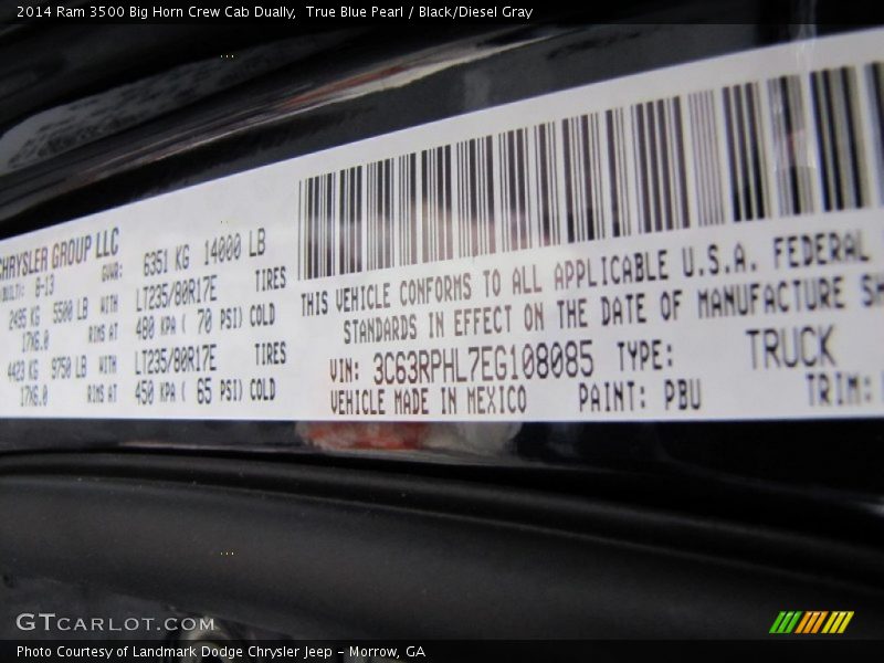 2014 3500 Big Horn Crew Cab Dually True Blue Pearl Color Code PBU