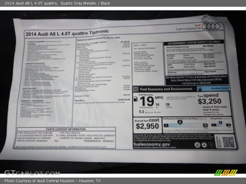 Quartz Gray Metallic / Black 2014 Audi A8 L 4.0T quattro