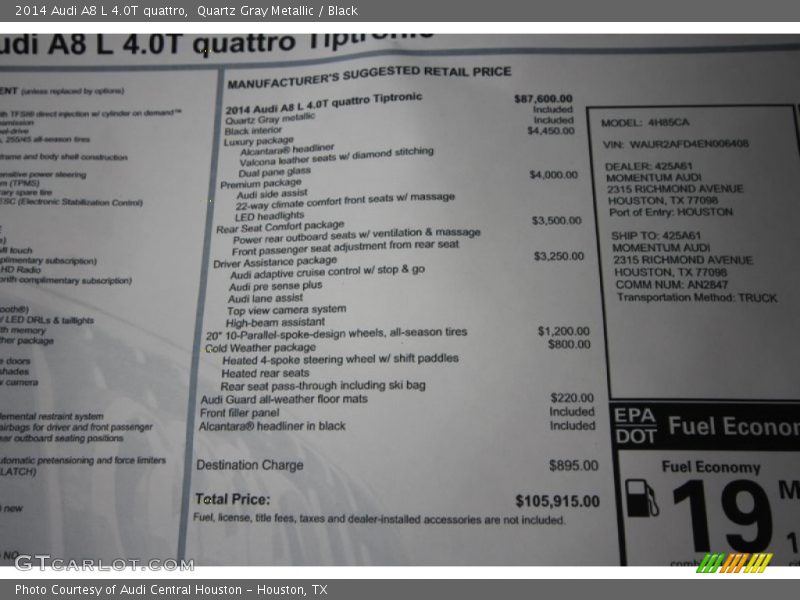 Quartz Gray Metallic / Black 2014 Audi A8 L 4.0T quattro