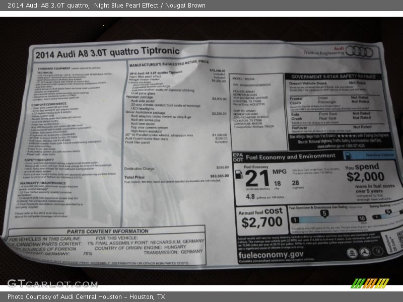 2014 A8 3.0T quattro Window Sticker