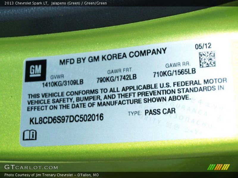 Jalapeno (Green) / Green/Green 2013 Chevrolet Spark LT