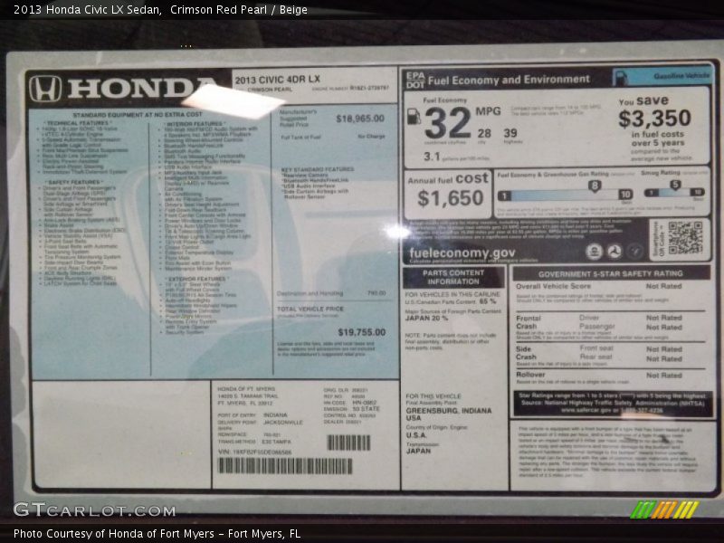 Crimson Red Pearl / Beige 2013 Honda Civic LX Sedan