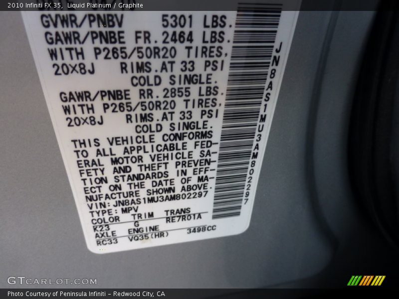 Liquid Platinum / Graphite 2010 Infiniti FX 35