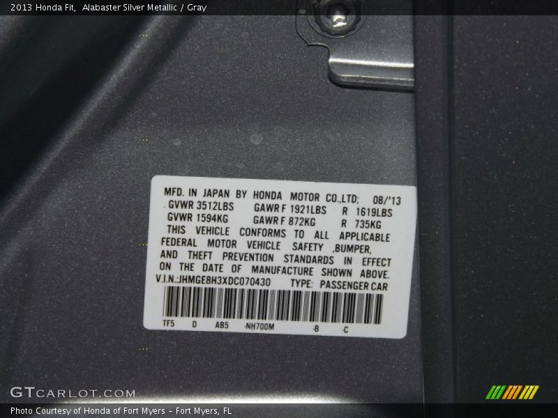 Alabaster Silver Metallic / Gray 2013 Honda Fit