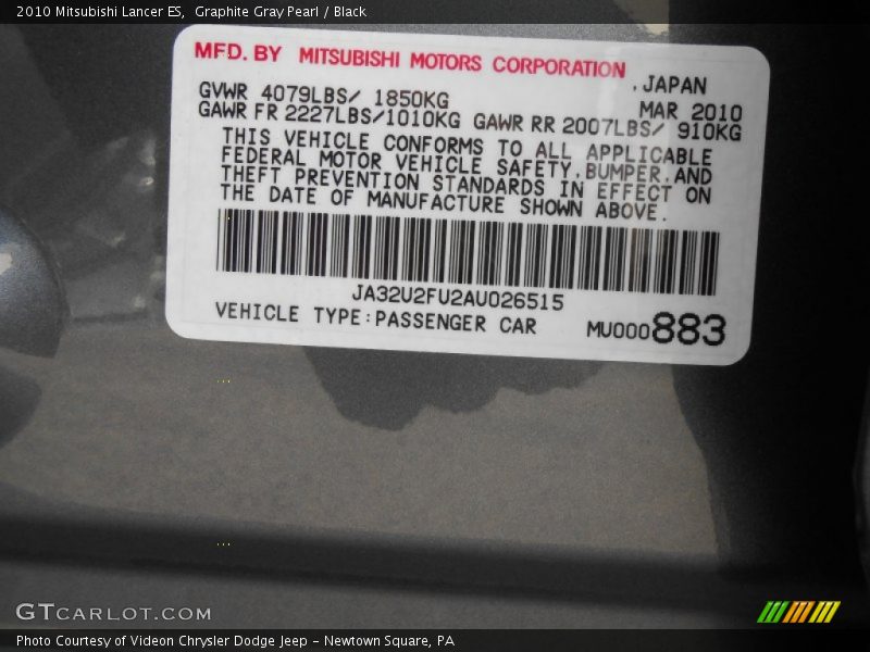 Graphite Gray Pearl / Black 2010 Mitsubishi Lancer ES