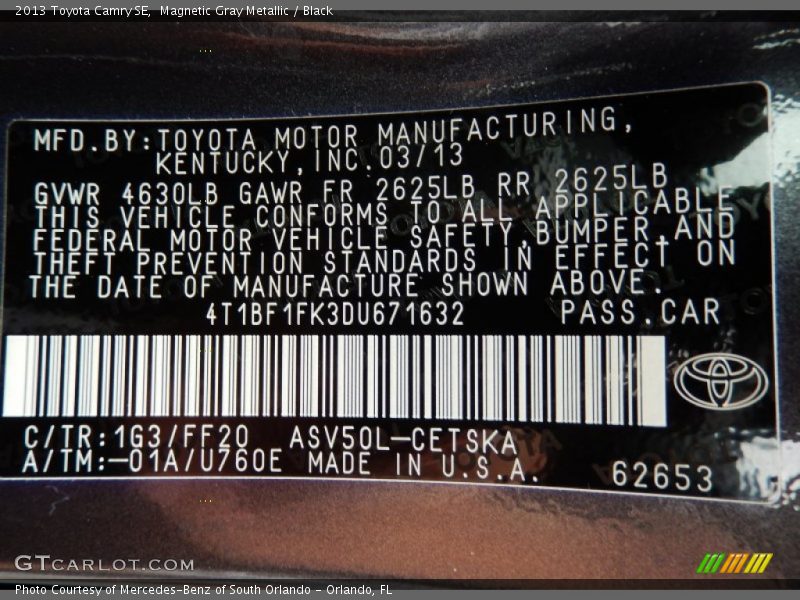 Magnetic Gray Metallic / Black 2013 Toyota Camry SE