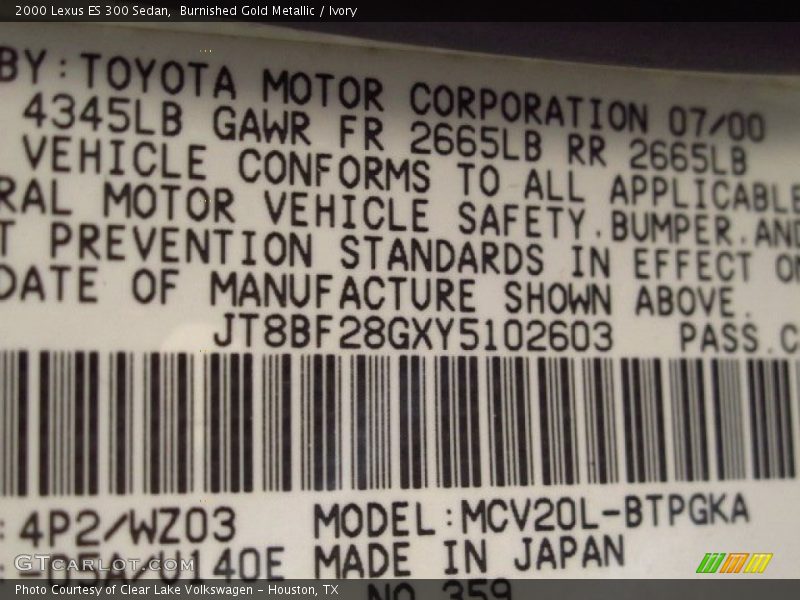 Burnished Gold Metallic / Ivory 2000 Lexus ES 300 Sedan