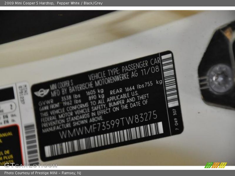 Pepper White / Black/Grey 2009 Mini Cooper S Hardtop