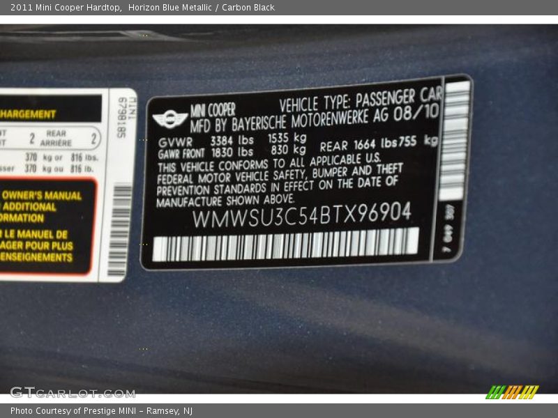 Horizon Blue Metallic / Carbon Black 2011 Mini Cooper Hardtop