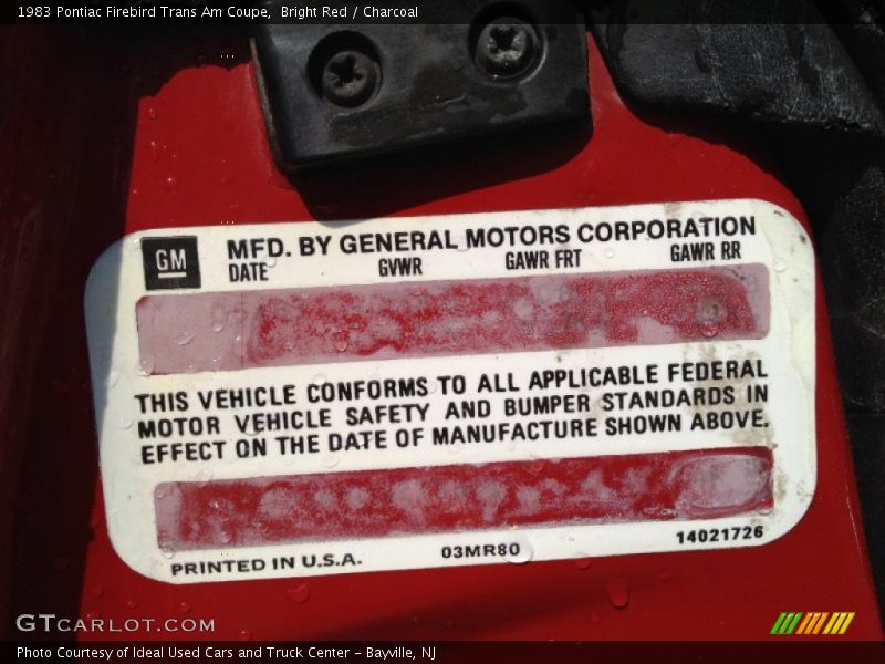 Info Tag of 1983 Firebird Trans Am Coupe