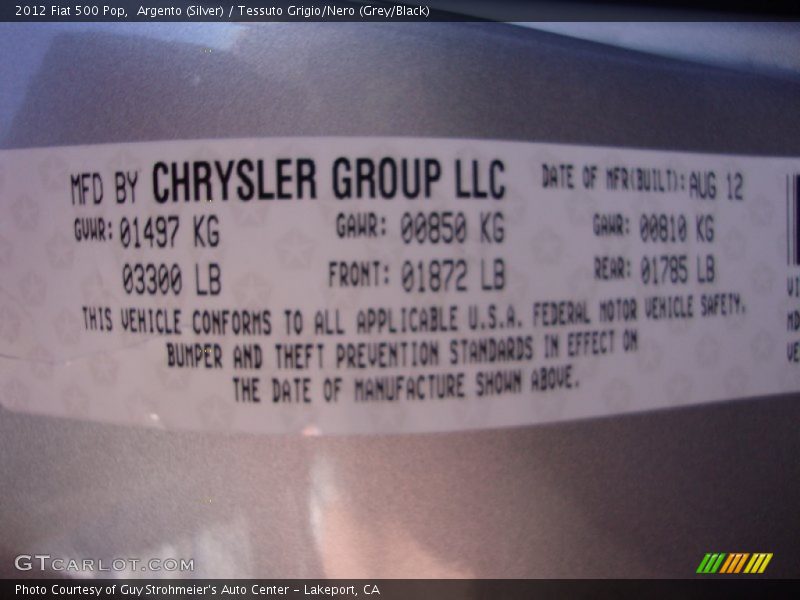 Argento (Silver) / Tessuto Grigio/Nero (Grey/Black) 2012 Fiat 500 Pop