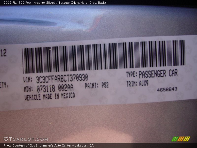Argento (Silver) / Tessuto Grigio/Nero (Grey/Black) 2012 Fiat 500 Pop