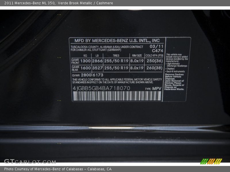 Verde Brook Metallic / Cashmere 2011 Mercedes-Benz ML 350