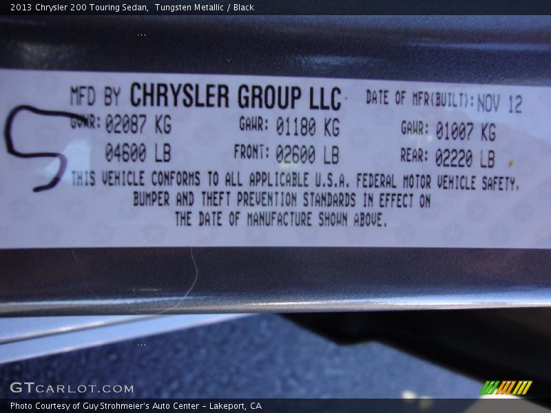 Tungsten Metallic / Black 2013 Chrysler 200 Touring Sedan