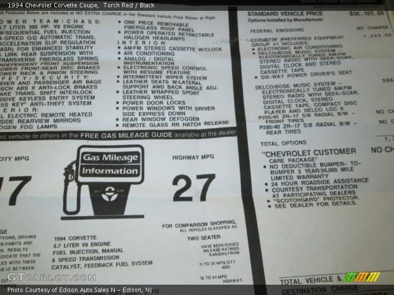  1994 Corvette Coupe Window Sticker