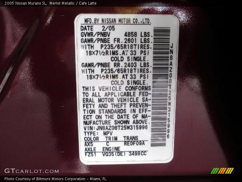 Merlot Metallic / Cafe Latte 2005 Nissan Murano SL