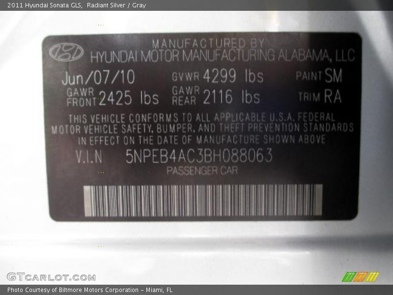Radiant Silver / Gray 2011 Hyundai Sonata GLS