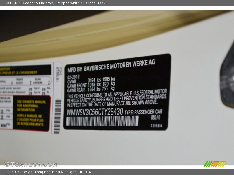Pepper White / Carbon Black 2012 Mini Cooper S Hardtop