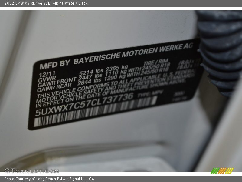Alpine White / Black 2012 BMW X3 xDrive 35i