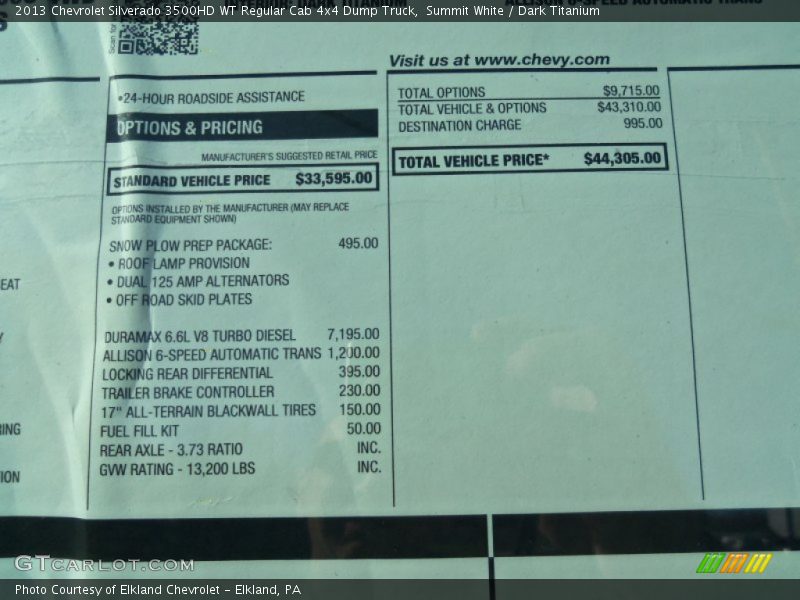  2013 Silverado 3500HD WT Regular Cab 4x4 Dump Truck Window Sticker