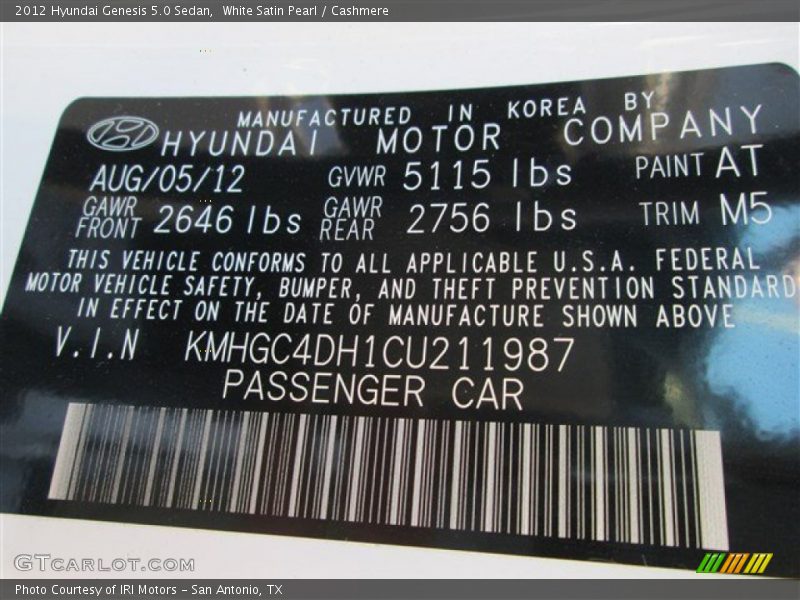 White Satin Pearl / Cashmere 2012 Hyundai Genesis 5.0 Sedan