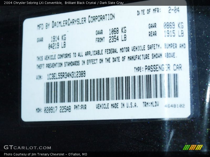 Brilliant Black Crystal / Dark Slate Gray 2004 Chrysler Sebring LXi Convertible