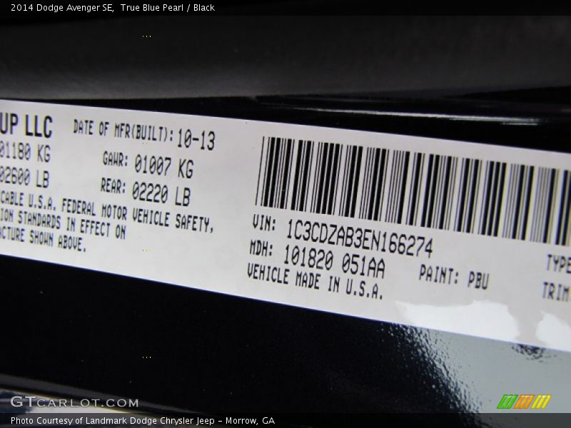 True Blue Pearl / Black 2014 Dodge Avenger SE