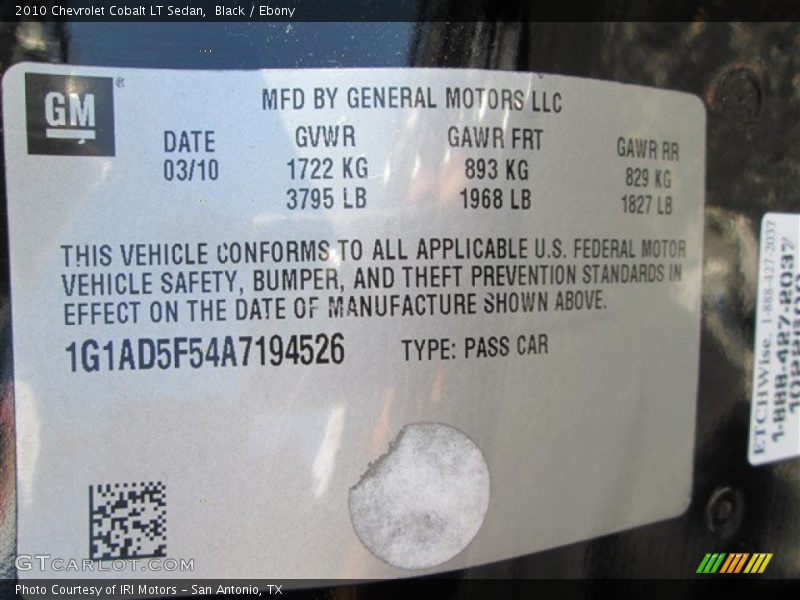 Black / Ebony 2010 Chevrolet Cobalt LT Sedan