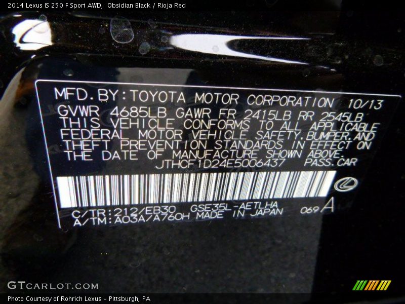 2014 IS 250 F Sport AWD Obsidian Black Color Code 212